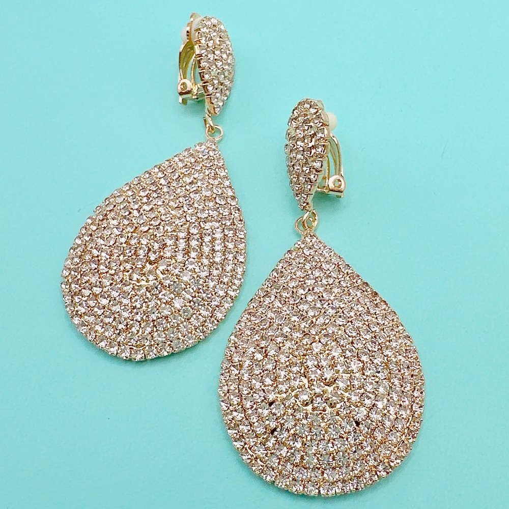 CLIP ON Large Gold Tone Tear Drop Rhinestone  Earrings